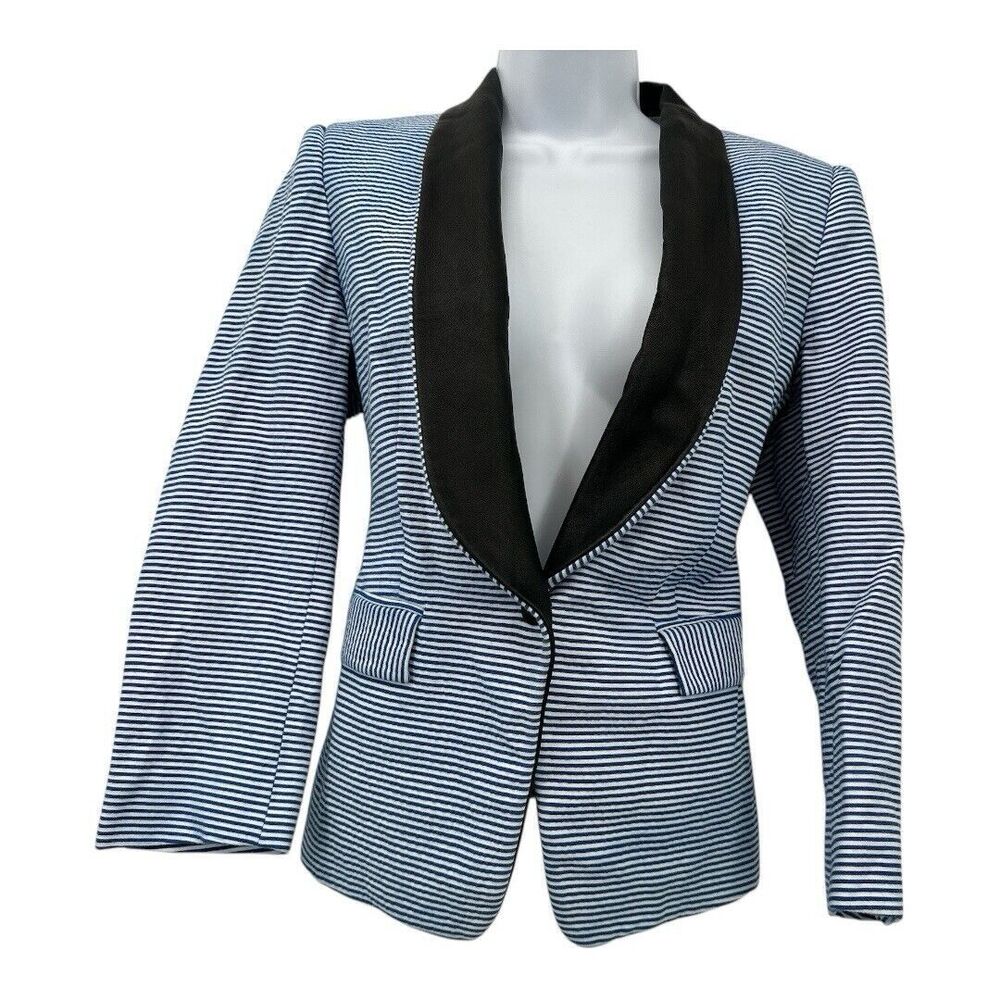 Band of Outsiders Blue White Striped Cotton Blend Leather Accent Jacket Blazer 4